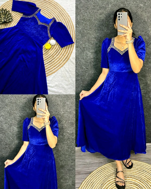 Premium 9000 Velvet Fabric with Designer Hand work Gown- A Beautiful Blend Of elegance and Floral Charm For This Wedding and festival - M, Black