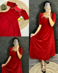 Premium 9000 Velvet Fabric with Designer Hand work Gown- A Beautiful Blend Of elegance and Floral Charm For This Wedding and festival - M, Black