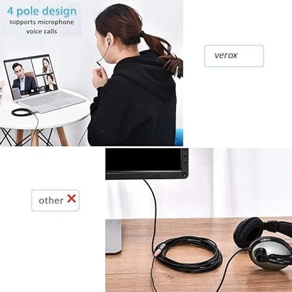 3.5 mm TRRS Male To Female Aux Extension Cable with Microphone Support 4 Pole Golden Plated Stereo Audio Cable Compatible with Earphone Headphone Car- 2 Meter (6.5 Feet) - Black