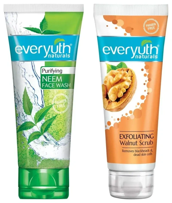 zydus wellness Everyuth Exfoliating Walnut Scrub, 50gm and Purifying Neem Face Wash, 50gm, Combo Pack - 50+50=100gm