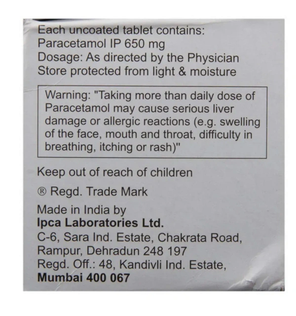 Ipca Laboratories Pacimol 650 - Strip of 15 Tablets - 15 Tablets