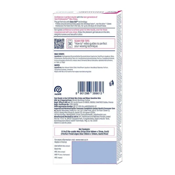 Reckitt Benckiser Veet Professional Waxing Strips Kit for Sensitive Skin, 8 Strips - 4*2 Strips