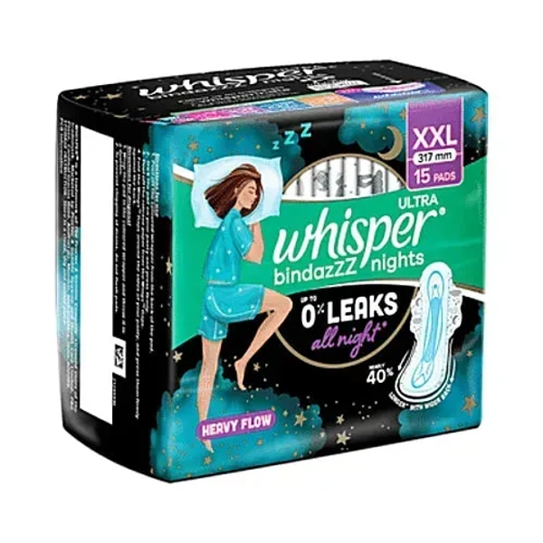Procter and Gamble Whisper Bindazzz Nights Sanitary Pads For Women XXL Size (Pack of 15) - 15 Pads