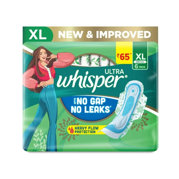 Procter and Gamble Whisper Ultra Up To No Gap No Leaks Sanitary Pads, XL+ (Pack of 6) - 6 Pads
