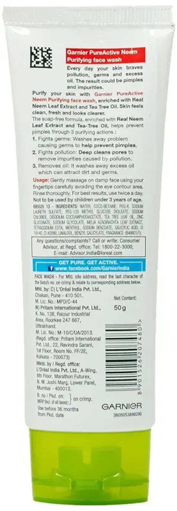 Garnier Skin Naturals Pure Active Neem Face Wash - 50gm