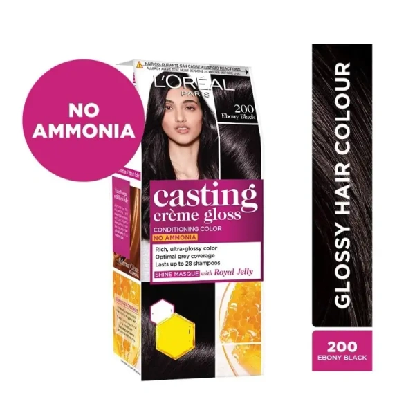 Garnier L'Oreal Paris Casting Creme Gloss Small Pack Hair Colour Cream, 200 Ebony Black, - 20g+20ml+5g