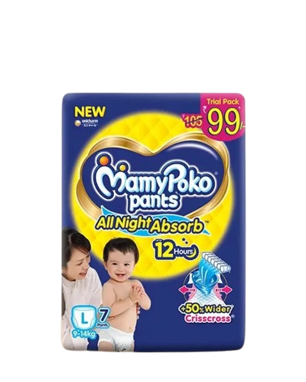 Unicharm.co.in Mamy Poko Pants All Night Absorb Baby Pants,Large Size (L),9-14 kg, 7Pcs - Large Size