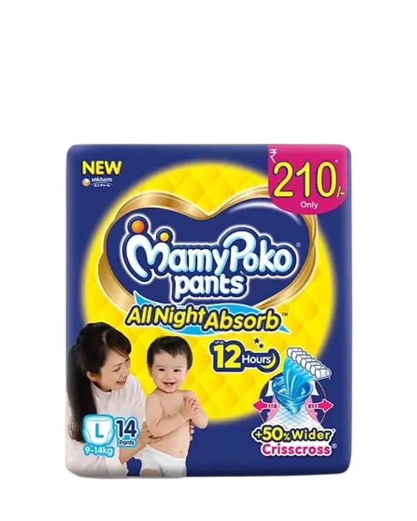 Unicharm.co.in Mamy Poko Pants All Night Absorb Baby Pants,Large Size (L),9-14 kg, 14Pcs - Large Size