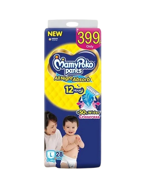 Unicharm.co.in Mamy Poko Pants All Night Absorb Baby Pants,Large Size (L),9-14 kg, 28Pcs - Large Size