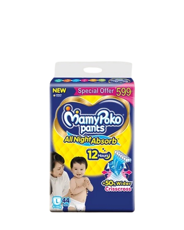 Unicharm.co.in Mamy Poko Pants All Night Absorb Baby Pants,Large Size (L),9-14 kg, 44Pcs - Large Size