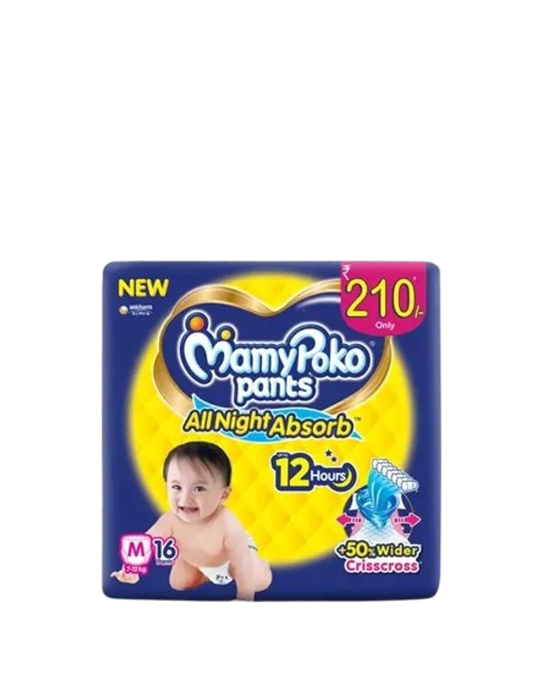 Unicharm.co.in Mamy Poko Pants All Night Absorb Baby Pants,Medium Size (M),7-12 kg, 16Pcs - Medium Size