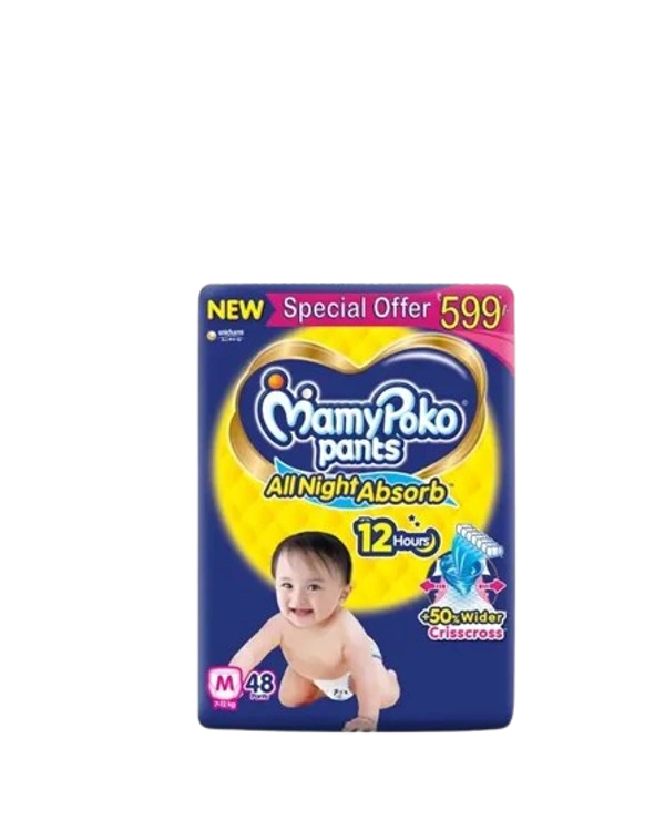 Unicharm.co.in Mamy Poko Pants All Night Absorb Baby Pants,Medium Size (M),7-12 kg, 48Pcs - Medium Size