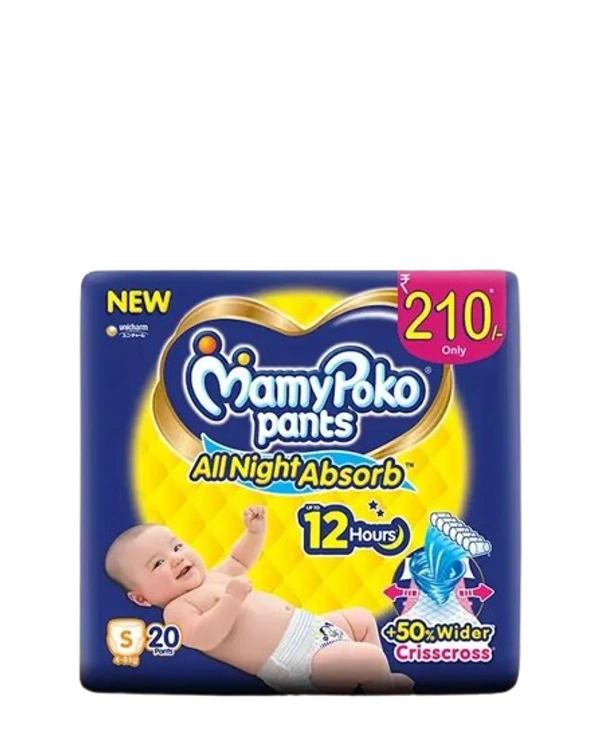 Unicharm.co.in Mamy Poko Pants All Night Absorb Baby Pants,Small Size (S),4-8 kg, 20Pcs - Small Size