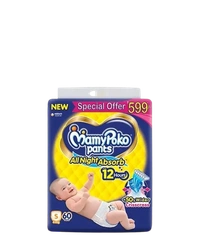 Unicharm.co.in Mamy Poko Pants All Night Absorb Baby Pants,Small Size (S),4-8 kg, 60Pcs - Small Size