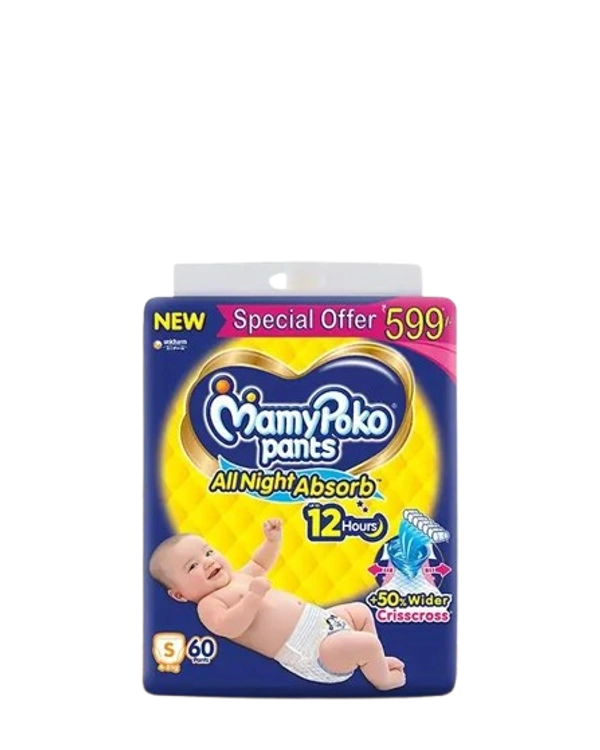 Unicharm.co.in Mamy Poko Pants All Night Absorb Baby Pants,Small Size (S),4-8 kg, 60Pcs - Small Size
