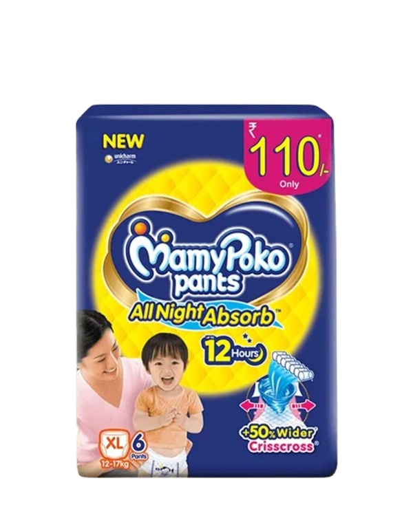 Mamy Poko Pants All Night Absorb Baby Pants,Xtra Large Size (XL),12-17 kg, 6Pcs