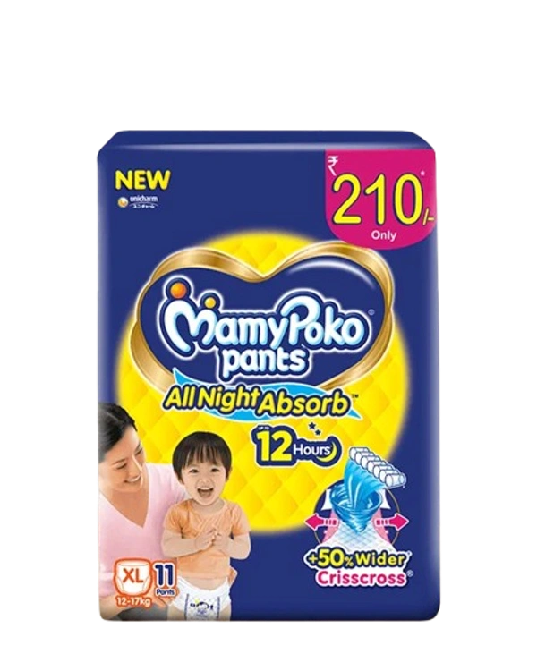 Unicharm.co.in Mamy Poko Pants All Night Absorb Baby Pants,Xtra Large Size (XL),12-17 kg, 11Pcs - Xtralarge Size