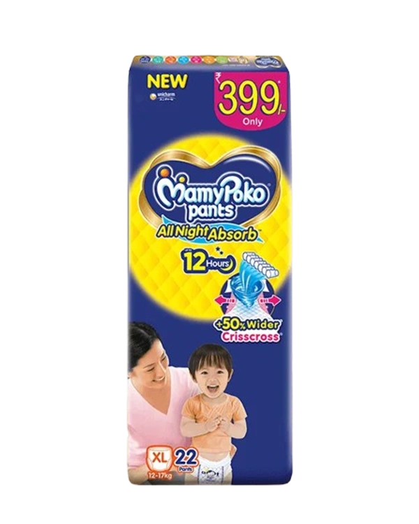 Unicharm.co.in Mamy Poko Pants All Night Absorb Baby Pants,Xtra Large Size (XL),12-17 kg, 22Pcs - Xtralarge Size