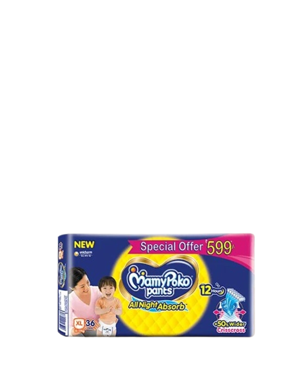 Unicharm.co.in Mamy Poko Pants All Night Absorb Baby Pants,Xtra Large Size (XL),12-17 kg, 36Pcs - Xtralarge Size