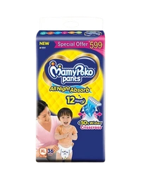 Unicharm.co.in Mamy Poko Pants All Night Absorb Baby Pants,Xtra Large Size (XL),12-17 kg, 36Pcs - Xtralarge Size