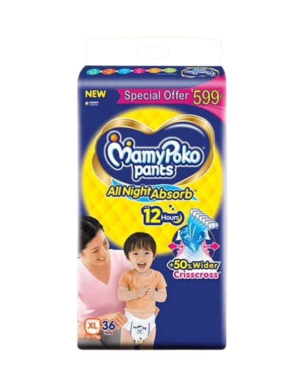 Unicharm.co.in Mamy Poko Pants All Night Absorb Baby Pants,Xtra Large Size (XL),12-17 kg, 36Pcs - Xtralarge Size