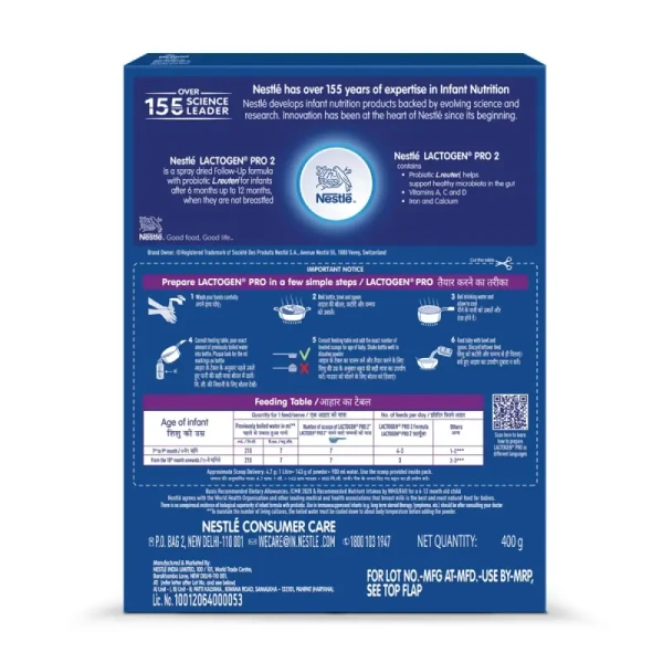 Nestle S.A. Nestle Lactogen Pro 2 Powder, Follow-Up Formula With Probiotic, Infant, After 6 Months Up To 12 Months - 400gm