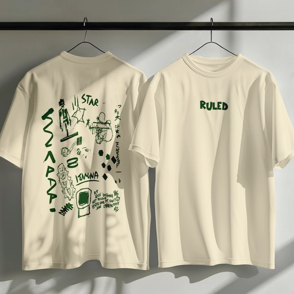 White Graphic Streetwear T-Shirt – Hand-Drawn Abstract Doodle Art | RULED Oversized Tee
