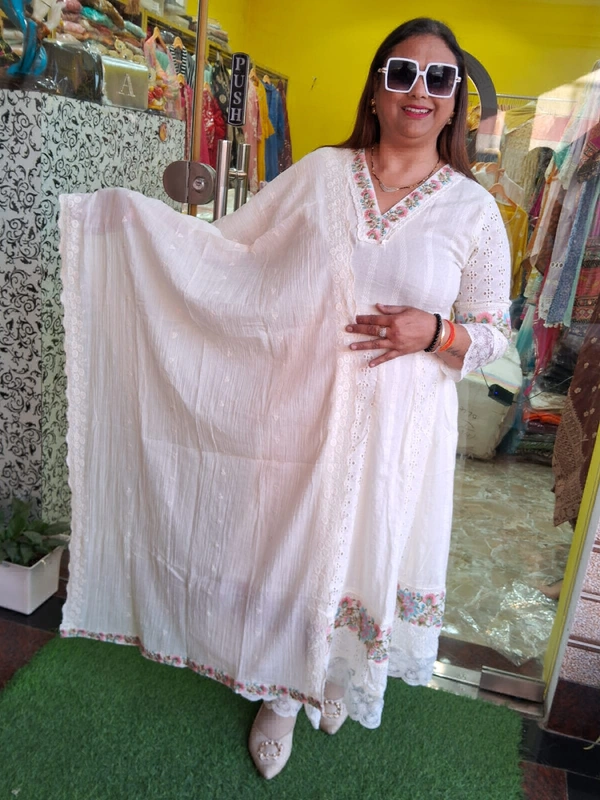 Mal Cotton White Anarkali  - White, 38 42 44