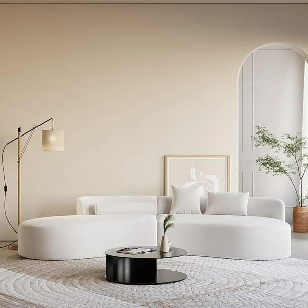Best Modular Furniture Antique Wood Hub Modern Velvet Curved 3 Seater chesterfiled Sofa Pillows Included (Sectional, Off White)