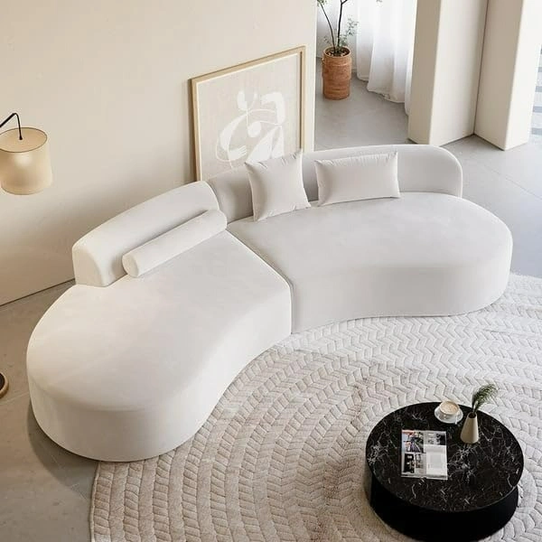 Best Modular Furniture Antique Wood Hub Modern Velvet Curved 3 Seater chesterfiled Sofa Pillows Included (Sectional, Off White)