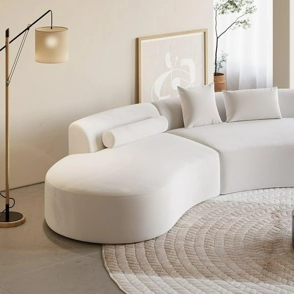 Best Modular Furniture Antique Wood Hub Modern Velvet Curved 3 Seater chesterfiled Sofa Pillows Included (Sectional, Off White)