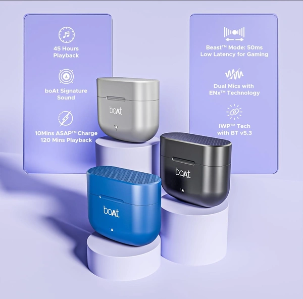 Boat boAt Newly Launched Airdopes 91 TWS Earbuds with 45 hrs Playtime, Beast™ Mode with 50 ms Low Latency, Dual Mics with ENx™, ASAP™ Charge, IWP™ Tech, IPX4 & Bluetooth v5.3 - Black