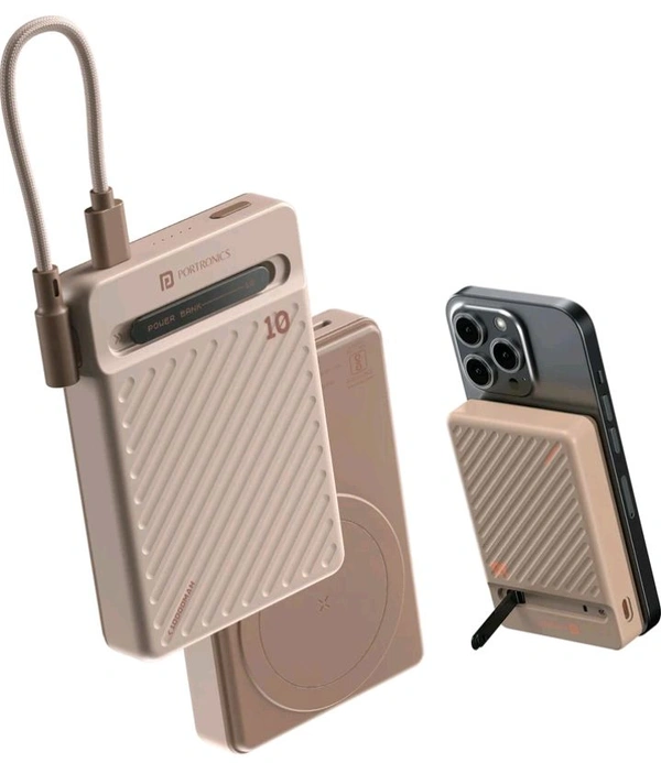 Portronics Chyro 10000mah Magnetic Wireless Fast Charging Powerbank with Magsafe Mobile Stand,in-built Type C Cable,20w Max Output for Iphone and Above, Android and Other Qi Enabled Devices(mocha) - Mocha, 10k