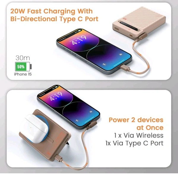 Portronics Chyro 10000mah Magnetic Wireless Fast Charging Powerbank with Magsafe Mobile Stand,in-built Type C Cable,20w Max Output for Iphone and Above, Android and Other Qi Enabled Devices(mocha) - Mocha, 10k