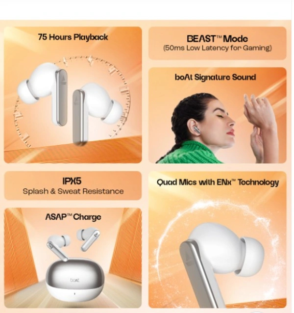 boAt Airdopes 301 TWS Earbuds w/ 75H Playtime, Quad Mics w/ ENx & ASAP Charge - Midnight Shadow, TWS