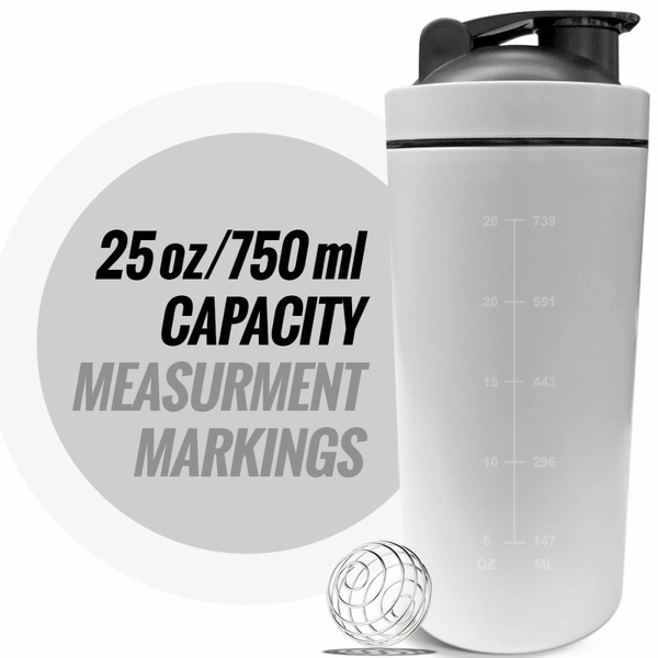Body Smith Gym Shaker Classic XP Mixer White Stainless Steel Shaker Blender 750 ML For Protein - Ivory