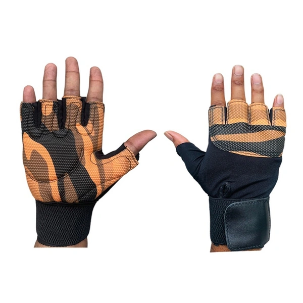 Body Smith Unisex Camo Mustard Gym Gloves for with Wrist Support - Luxor Gold