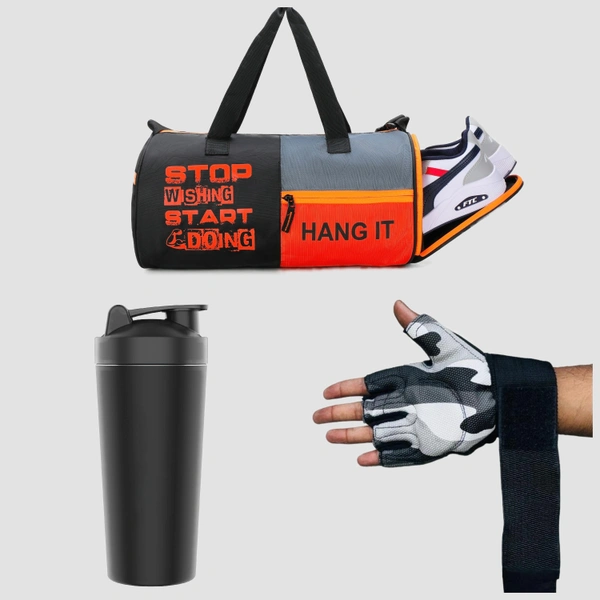 Body Smith Gym Workout Essential Combo(Gym Bag + Wrist Support Workout Gloves + 750ML Metal Shaker) - Black, FREE SIZE