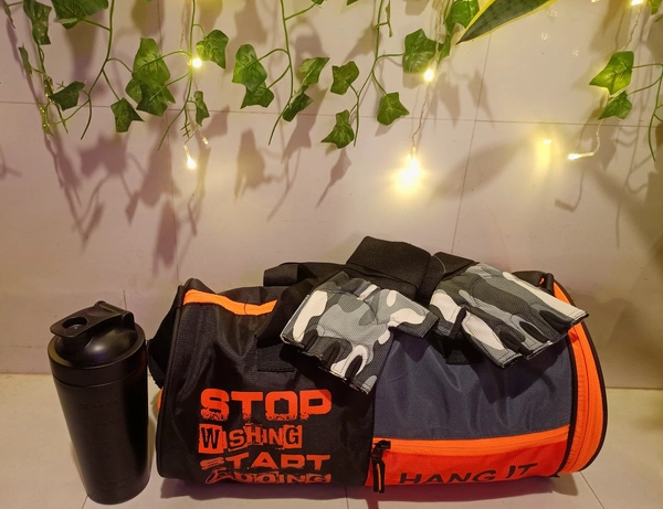 Body Smith Gym Workout Essential Combo(Gym Bag + Wrist Support Workout Gloves + 750ML Metal Shaker) - Black, FREE SIZE