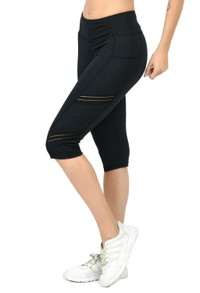 Body Smith Women Solid Black Mesh Capri - XL, Black