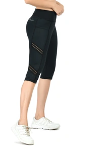 Body Smith Women Solid Black Mesh Capri - XL, Black