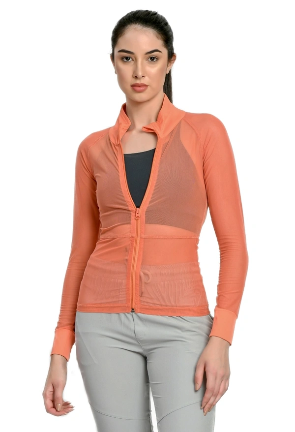 Body Smith Women Solid Full Sleeves Mesh Zipper - S, Peach