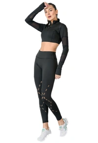 Body Smith Women's Mesh Black Crop Top + Laser Cut Tights Co-ordinates - XXL, Black