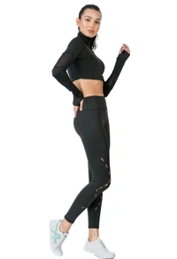 Body Smith Women's Mesh Black Crop Top + Laser Cut Tights Co-ordinates - XXL, Black