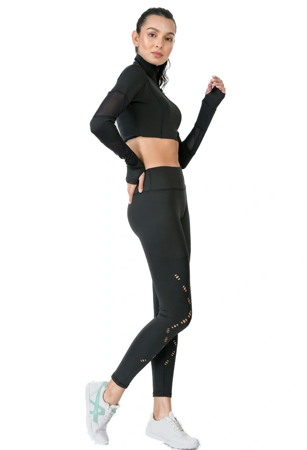 Body Smith Women's Mesh Black Crop Top + Laser Cut Tights Co-ordinates - XXL, Black