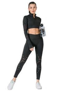 Body Smith Women's Mesh Black Crop Top + Laser Cut Tights Co-ordinates - XXL, Black