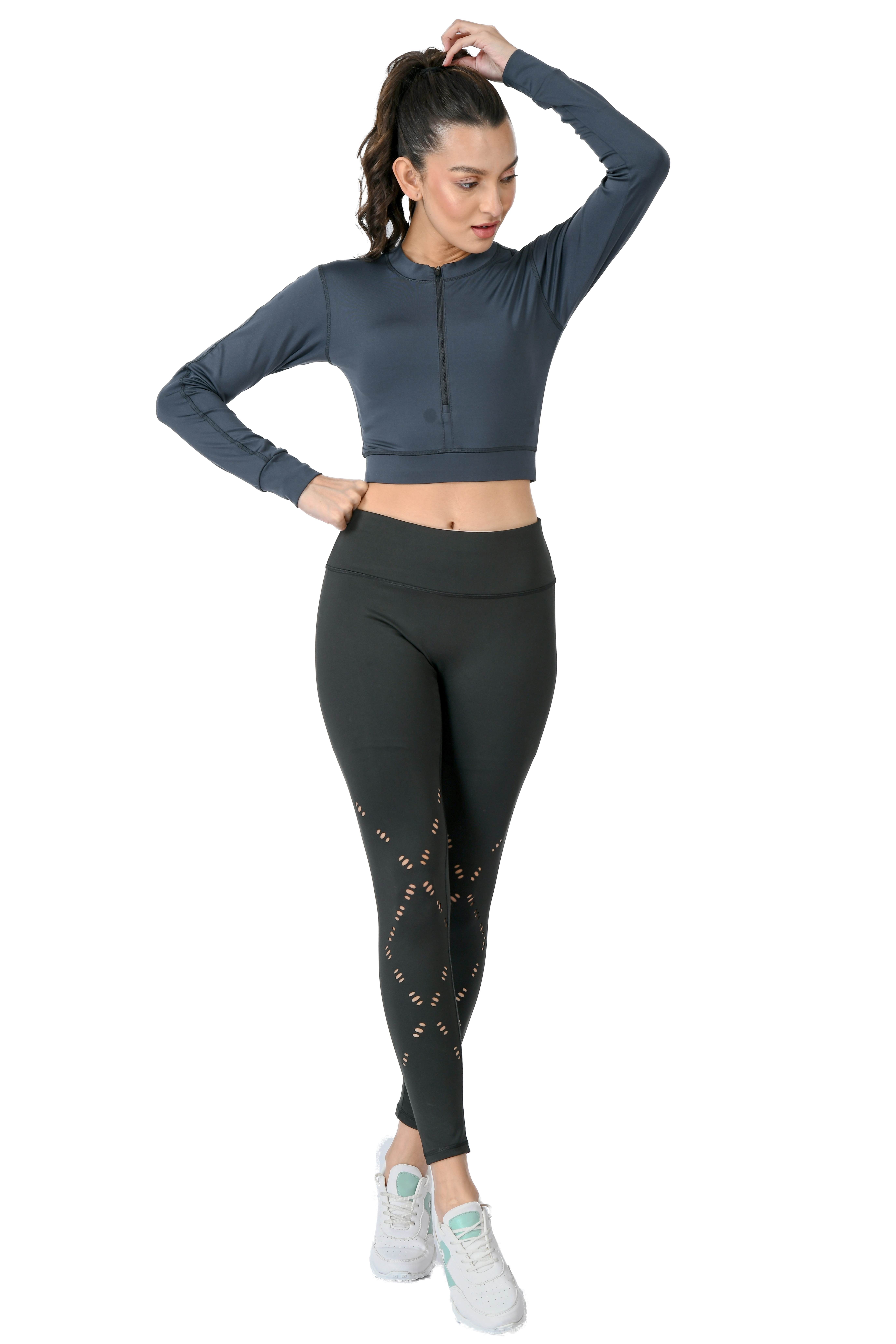 Body Smith Women's Teal Crop Top Black Laser Cut Tights Co-ordinate