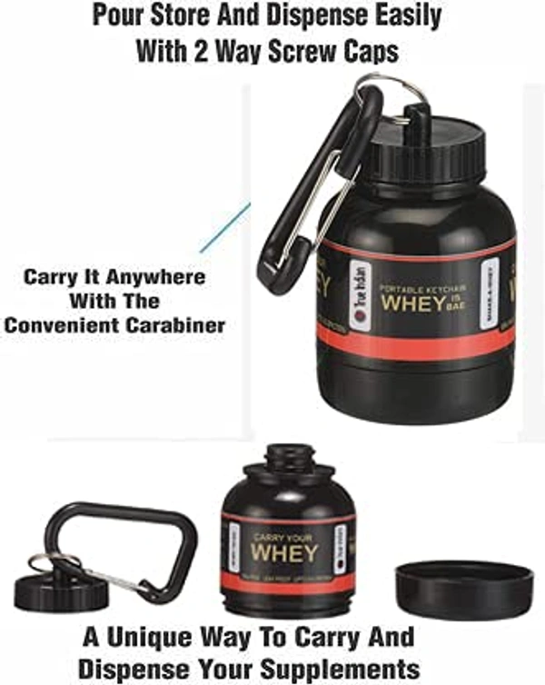 Portable Protein or Supplement Powder Carrying Funnel and Container with Key-Chain |Carry Single serving protein supplement Upto 33 grams - Single Serving/33Grams, Black