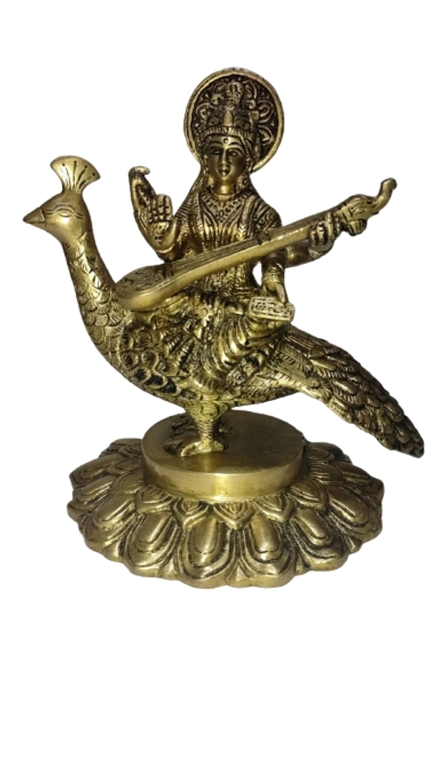 PJH 7" Saraswati Statue, Brass Saraswati Sitting ON Peacock - Hindu Goddess of Knowledge Sculpture, Best for Housewarming Wedding Gifts