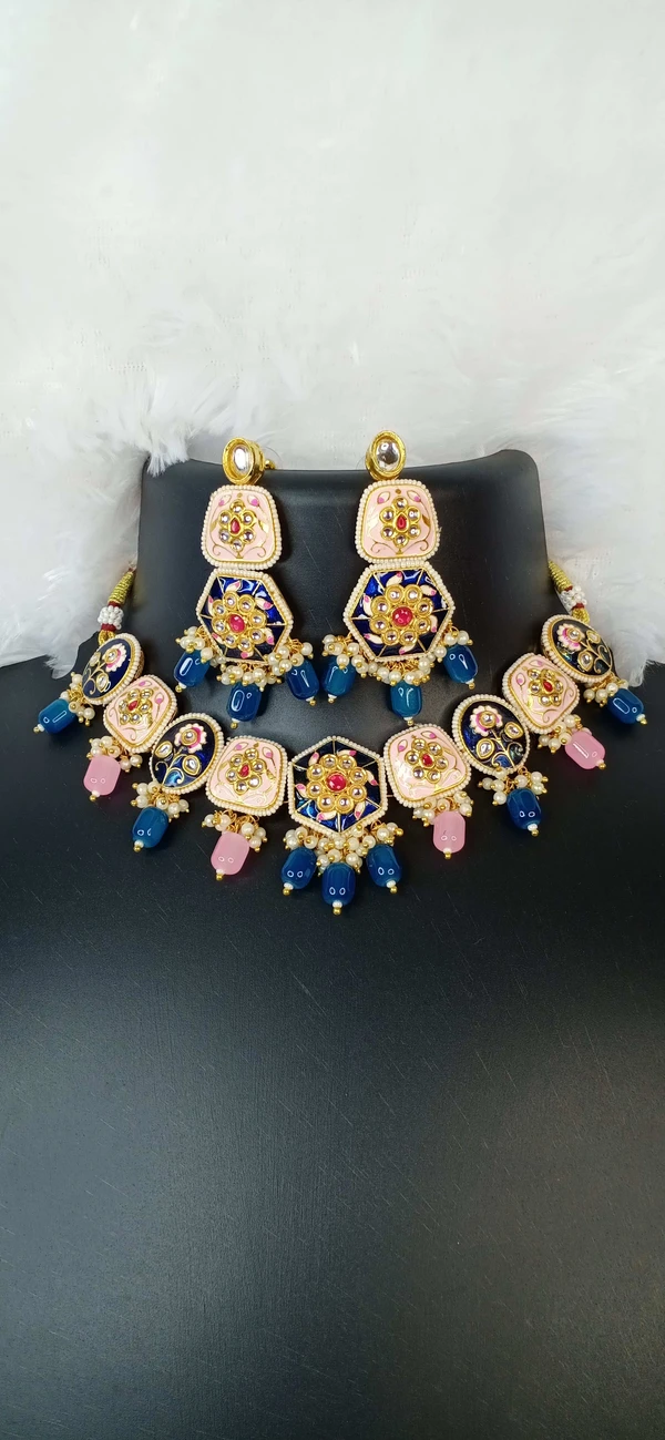 Pink & Blue Meenakari Kundan Necklace 